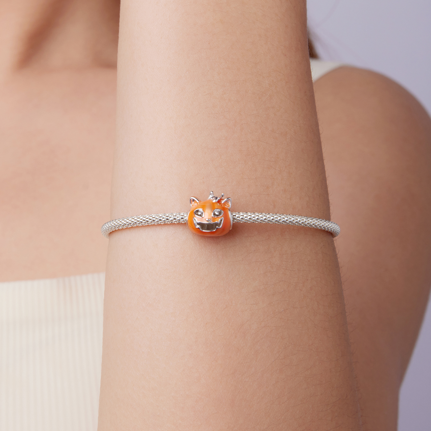 Halloween Luminous Pumpkin Cat Charm, Genuine 925 Sterling Silver Charm, Compatible with Most Charm Bracelet