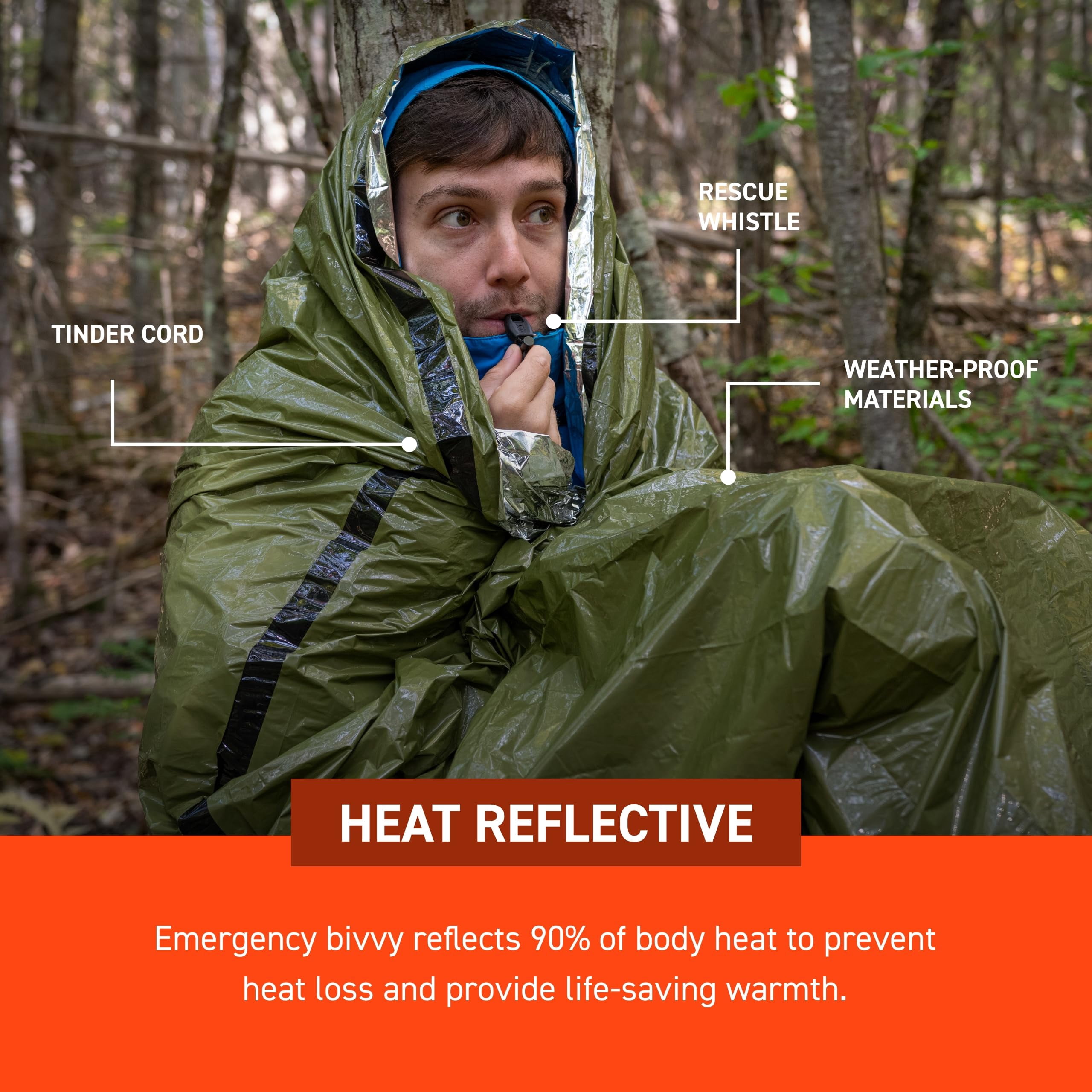 Survive Outdoors Longer 90% Emergency Bivvy - Comes With Whistle & Tinder Paracord Drawstring Add To Kit Hiking Gear Waterproof  Windproof Tear-resistant
