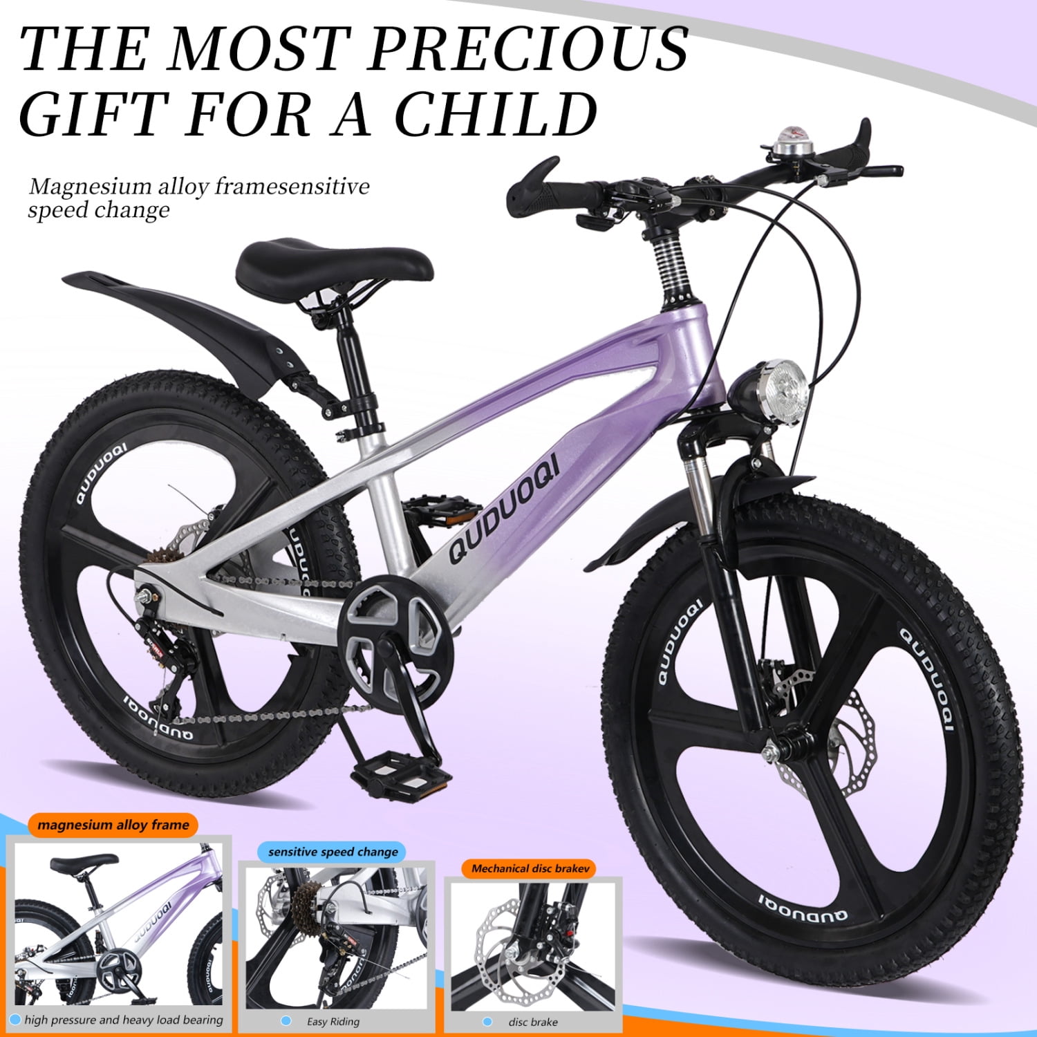 20 Inch Kids Mountain Bike, 7-Speed Kids' Bicycles for Boys and Girls with Dual Disc Brakes, Magnesium Alloy Frame and LED Headlight, Purple
