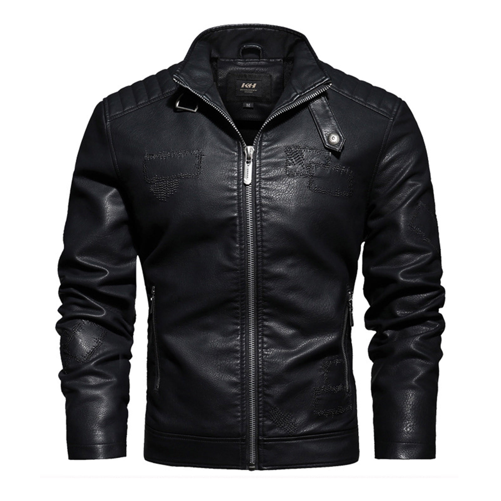 CHEEREAM Men's Faux Leather Jacket Stand Collar Motorcycle Bomber