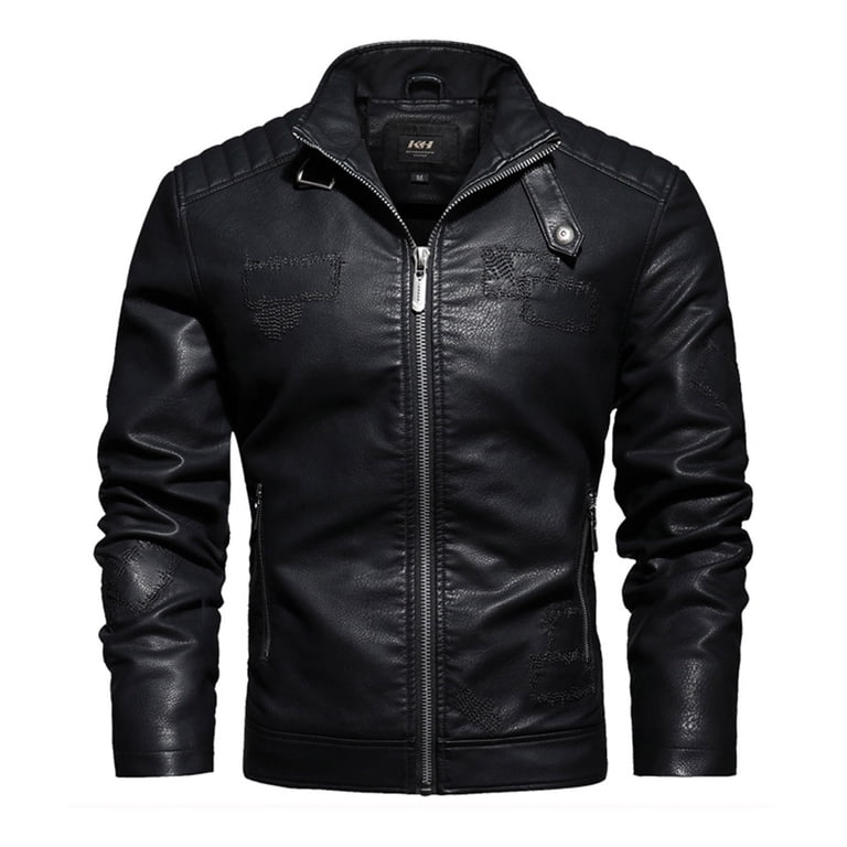 CHEEREAM Men's Faux Leather Jacket Stand Collar Motorcycle Bomber