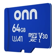 onn 64GB C10 U3 V30 A1 microSDXC Flash Memory Card with Adapter, for Phones, Tablets & Drones