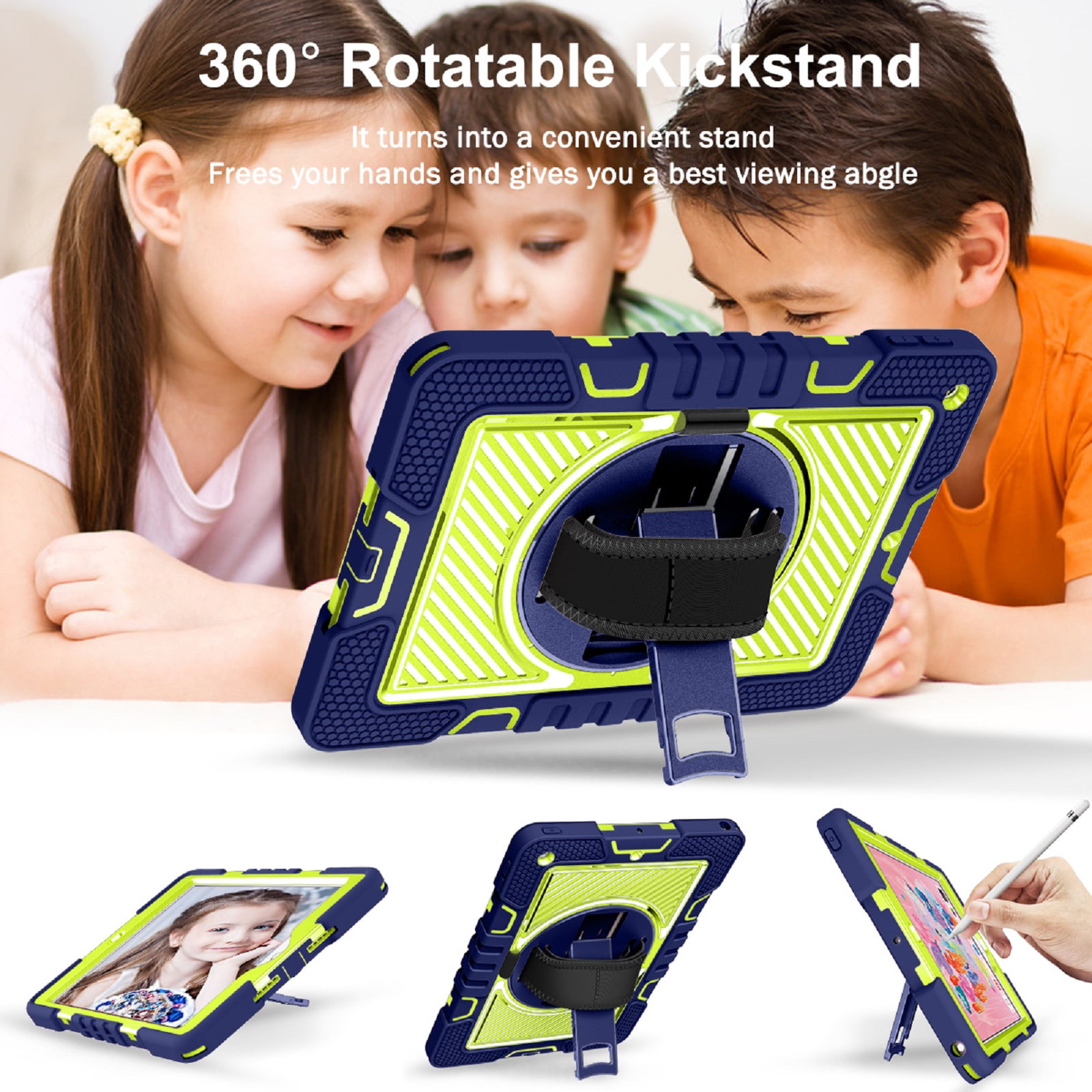 ELEHOLD Rugged Case For Apple iPad 11th(A16) 2025 Three-Layer Hybrid Muti-Functional Case with 360° Rotating Kickstand Pencil Holder Handstrap Shoulder Strap Shockproof Case ,A