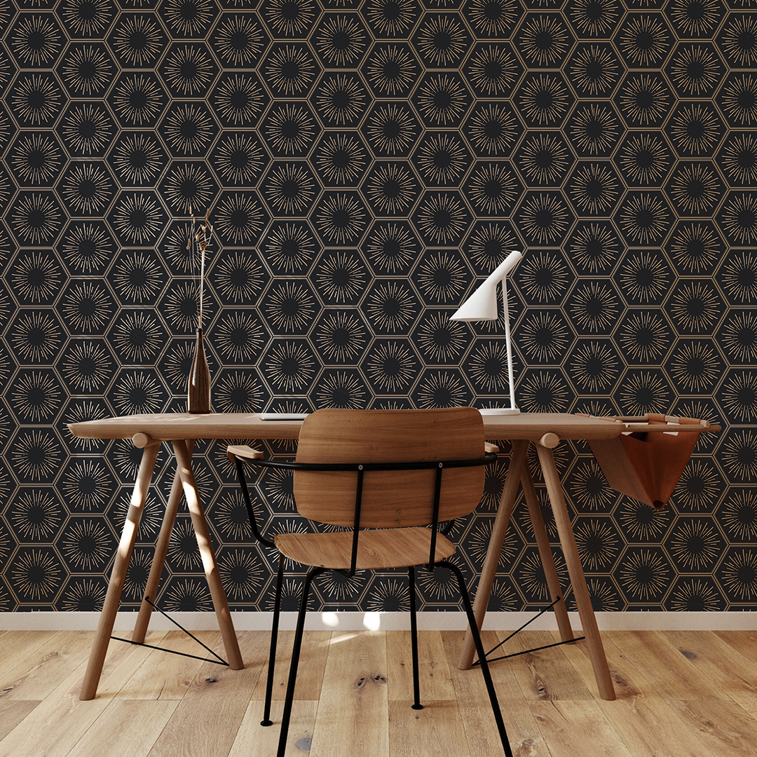 Tempaper Hello Sunshine Black & Metallic Gold Peel and Stick Wallpaper, 20.5" x 16.5'