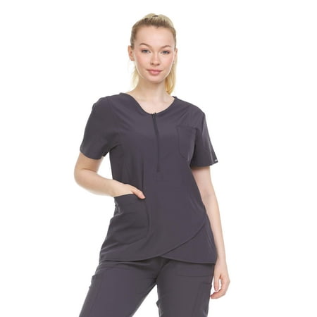 

Heal + Wear Women Scrubs Top V-Neck Short Sleeve Female Medical with Pockets Regular Fit 4 Way Stretch Pewter S