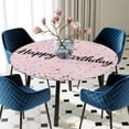 thumbnail image 5 of Elastic Fitted Round Tablecloth, Happy Birthday Waterproof Stretch Table Cover for 55"-60" Tables, Pink Modern Abstract Art Washable Outdoor Tablecloths for Patio, Picnic, Camping, 5 of 9