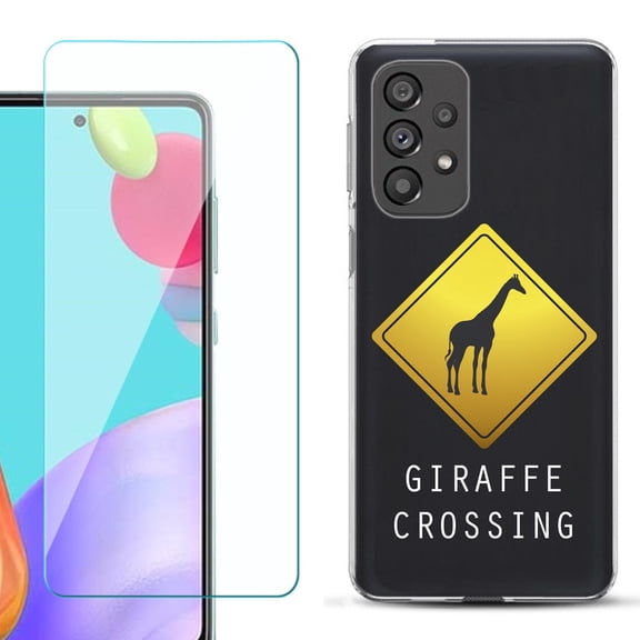 Slim-Fit Gel TPU Phone Case for Samsung Galaxy A33 5G, with Tempered Glass Screen Protector, by OneToughShield ® - Road Sign Giraffe