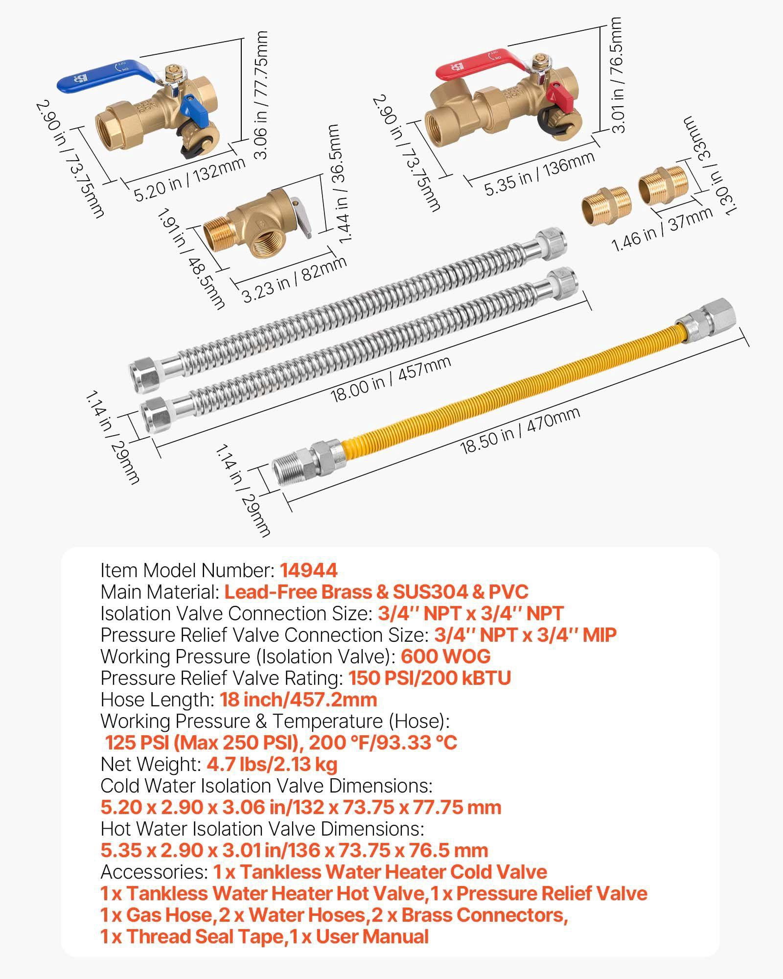 3/4 Inch Water Heater Repair Kit with 600 WOG Valves Pressure Relief Valve Gas Hose for Tankless Heaters