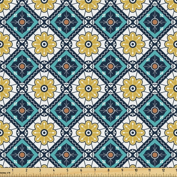Ambesonne Antique Oriental Fabric by the Yard Upholstery, Mosaic Boho Flora, 2 Yards, Pale Coffee and Petrol Blue
