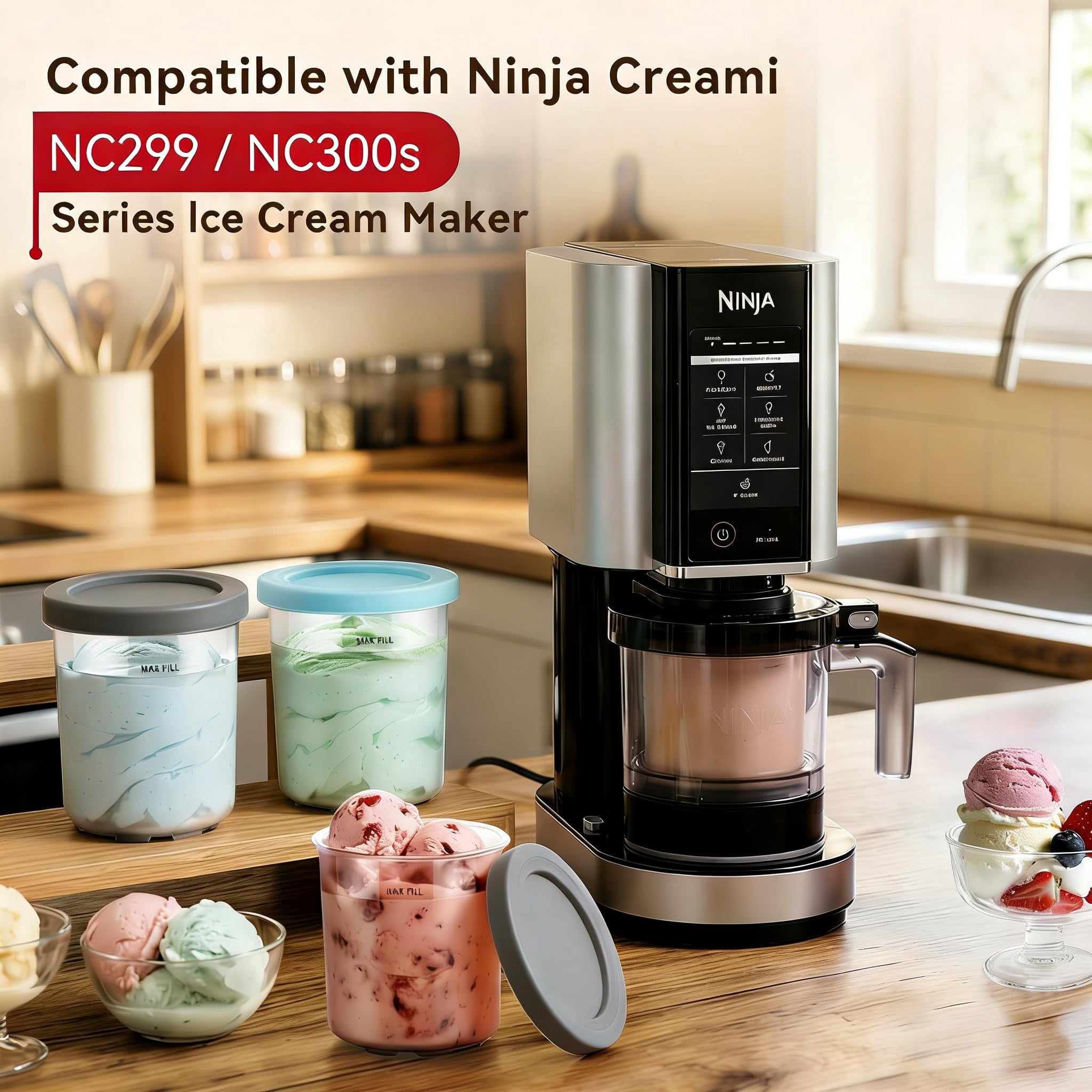 Ninja Creami Pints with Lids, Compatible with NC299AMZ & NC300s Series, Dishwasher Safe & BPA-Free Ice Cream Maker Containers Replacement Set