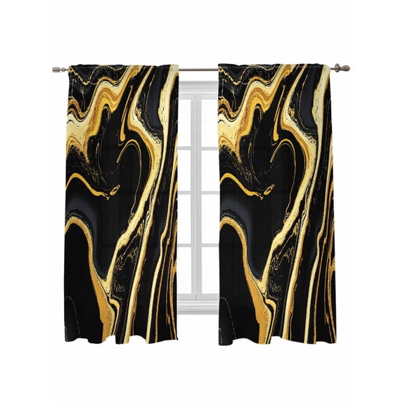 Black Gold Marble Curtains 63 Inch Length, Sheer Curtains for Bedroom Living Room Window Modern Geometric Textured Rod Pocket Voile Drapes Kitchen Curtains Small Half Window 42"x63" 2 Panels