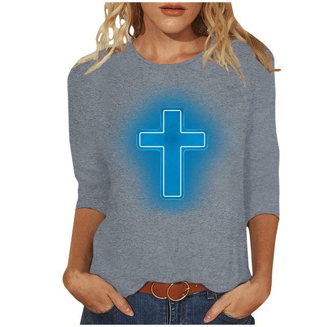 RKSTN Hauts pour Femmes Mode Décontractée Imprimé Crucifix Col Rond Manches 3/4 T-Shirt Couleur Unie Ajusté Blouse Printemps Été