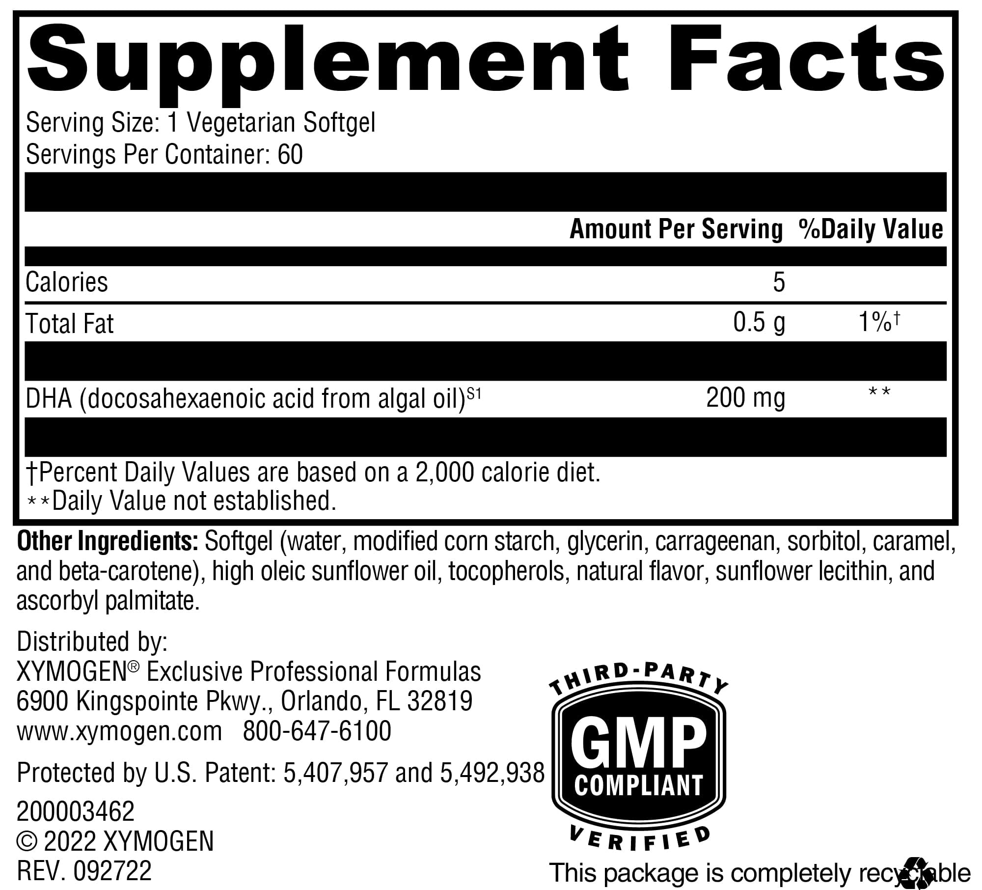 XYMOGEN DHA from Algae - Vegan Omega-3 DHA Supplement - Brain, Eye & Immune Support - Plant-Based Omega Nutrition - Non-Fish Source - 60 Softgels
