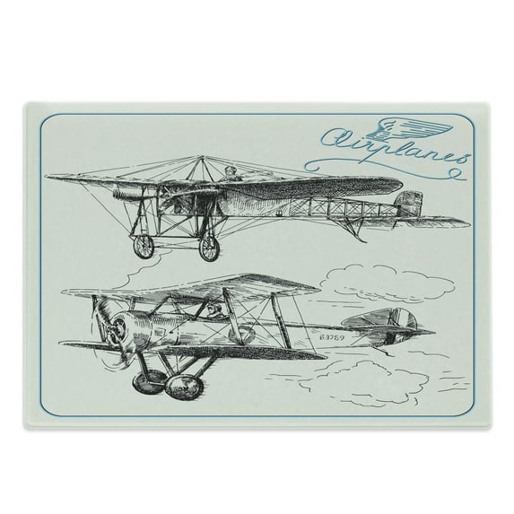 Airplane Cutting Board, Classic Nostalgic Planes Aircraft Propeller in the Sky Fast Travel Wings Sketch, Decorative Tempered Glass Cutting and Serving Board, Large Size, Blue Black, by Ambesonne