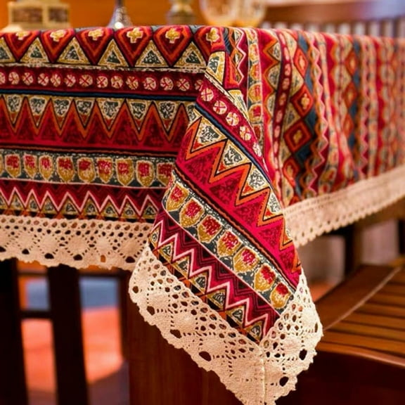 Elome Vintage 35 Inch x 35 Inch Square Cotton Linen Lace Bohemian Style Tablecloth, Washable Tablecloth Dinner Picnic Table Cloth Home Decorative Cover