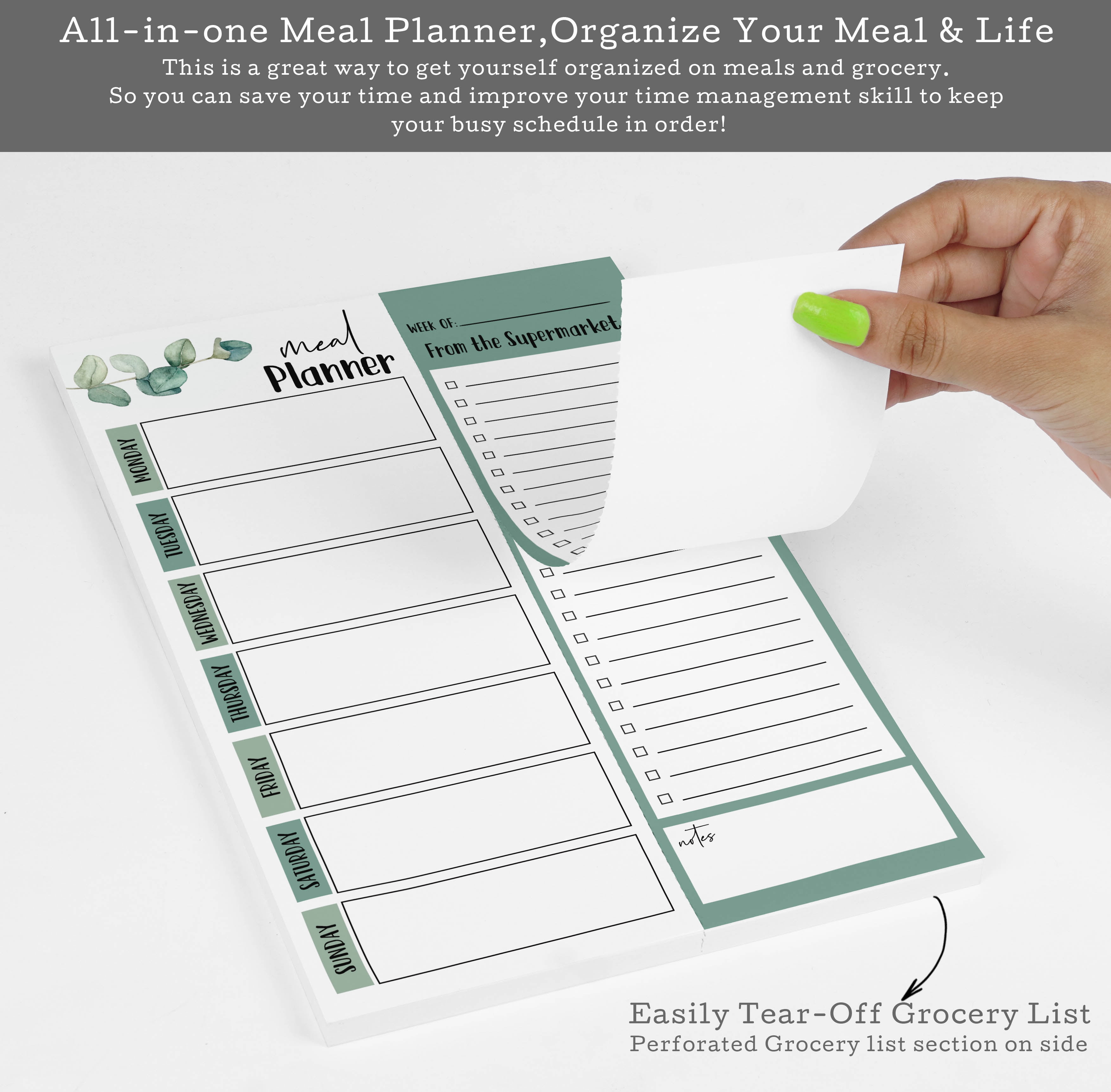 Inkdotpot Weekly Meal Planner Notepad 7"x10 , "Meal Planner" Magnetic Meal Planning Pad with Tear Off Grocery Shopping List for Fridge- Kitchen & Home - 54 Sheets -WF