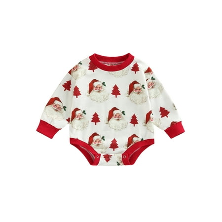 

Infant Baby Boys Girls Long Sleeve Round Neck Santa Print Christmas Short Romper