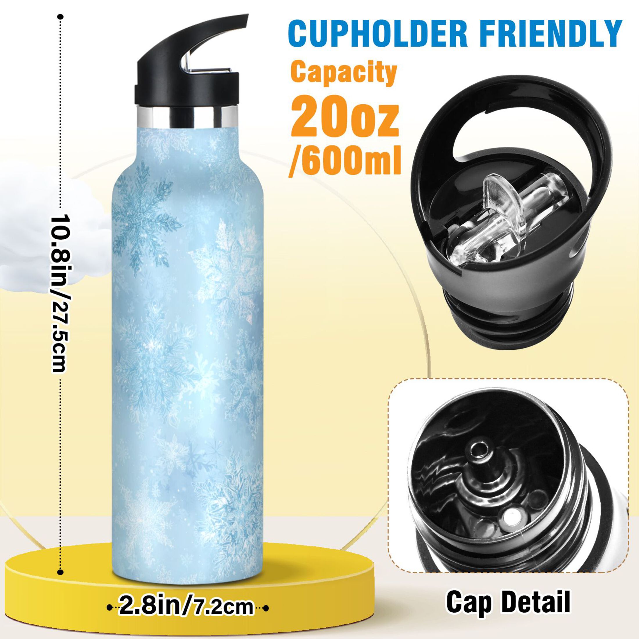 600ML Stainless Steel Insulated Cup Sports Water Bottle Portable Thermos Cup Water Glasses Insulated Tumblers Convenient and Durable Blue Snowflakes