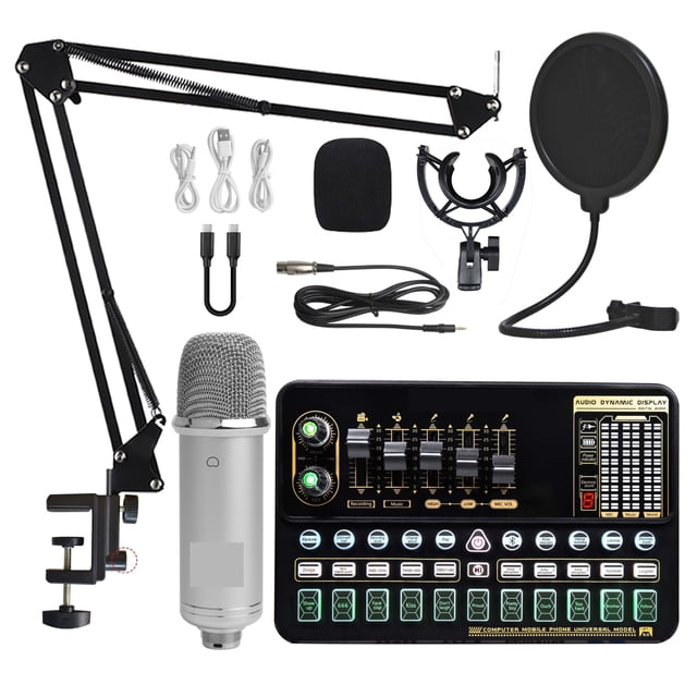 Condenser Microphone Bundle Sound Card Kit With Adjustable Mic Suspension Scissor Arm Professional Studio Wireless Karaoke MIC ,Easy to Use