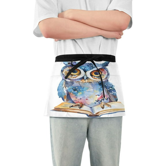 Cute Owl on Book Server Apron with 3 Pockets Waterproof Waitress Waist Short Apron for Man Woman 12 Inches