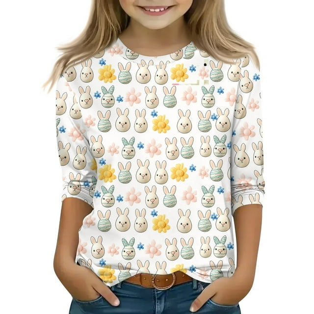 OIOLOYJM T-Shirts de Pâques pour Fille 2026 Mignon Graphique de Lapin T-Shirts à Manches 3/4 Tuniques à Col Rond de Printemps Hauts Légers Blouses Mode Blanc 9-10 Ans