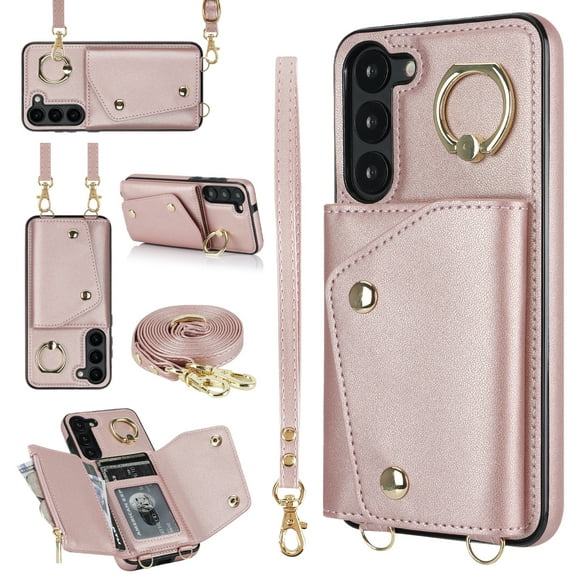 Crossbody for Samsung Galaxy S22 Plus Phone Case for Women, Wallet Case with Credit Card Holder Shoulder Strap & Wrist Lanyard Shockproof Purse Back Flip 360 Ring Holder Kickstand Case,Rosegold