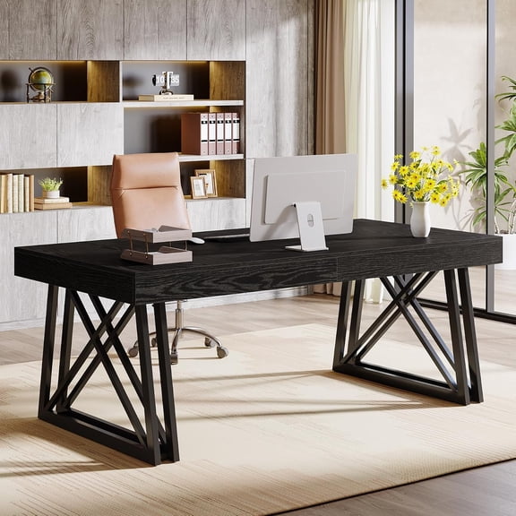 63-Inch Executive Desk, Large Office Computer Desk, Industrial Home Office Desks Writing Table, MDF Desktop with X-Shaped Metal Legs, Fits for Home Office, Easy Assembly, Black
