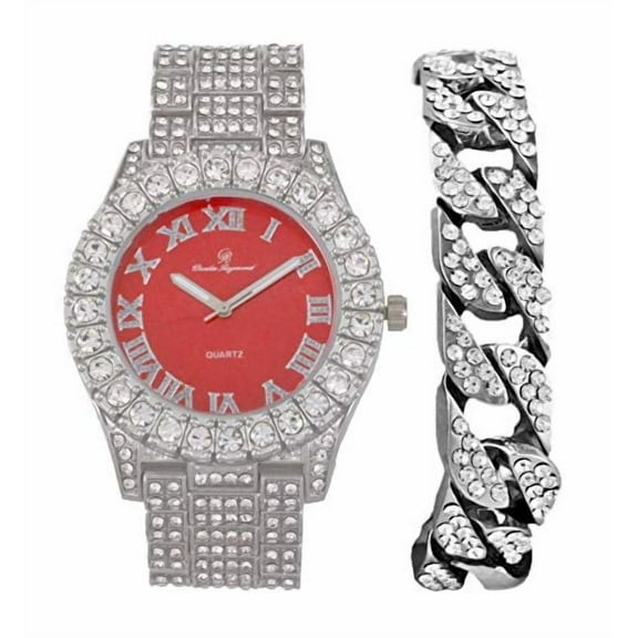 Mens Silver Big Rocks with Roman Numerals Fully Iced Out Colorful Dial Watch w/Bling'ed Out Cuban Shiny Silver Bracelet - ST10327 RN Cuban (Silver Bright Red)