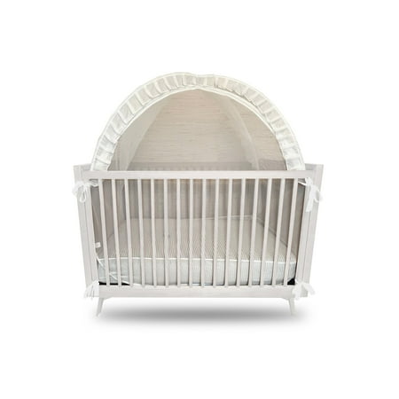Baby Safety Crib Tent Topper Netting with unique Inside Zipper Guard to keep baby in Easy pop up installation Decorative White