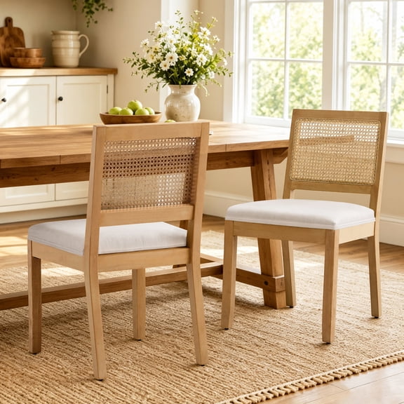 Dining Chairs Set of 2, Modern Farmhouse Rattan Kitchen Chairs with Cane Back, LEGAHOME Upholstered Beige Dining Room Chairs, Wood Side Chair for Kitchen Dining Room