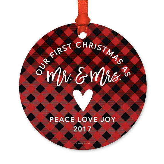 Family Metal Christmas Ornament, Our First Christmas As Mr. & Mrs. 2017, Red Plaid, Includes Ribbon and Gift Bag