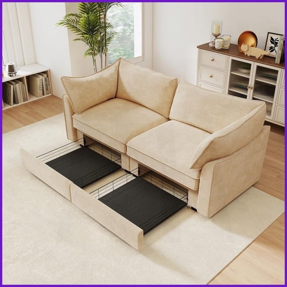 2-Seat Chenille Loveseat with Pull-Out Storage – Modern Nordic Style for Small Living Rooms, Wheat Color