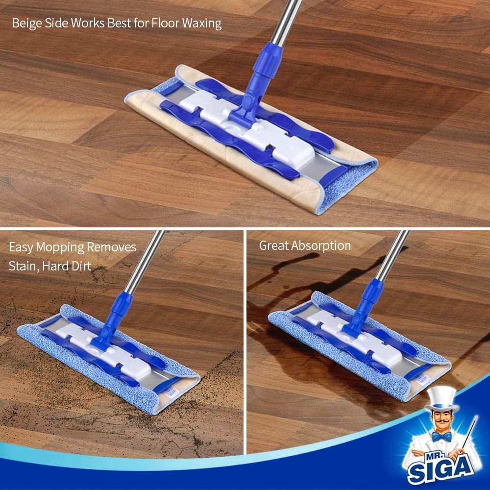 MR.SIGA Professional Microfiber Mop for Hardwood, Laminate, Tile Floor  Cleaning, Stainless Steel Handle - 3 Reusable Flat Mop Pads and 1 Dirt  Removal