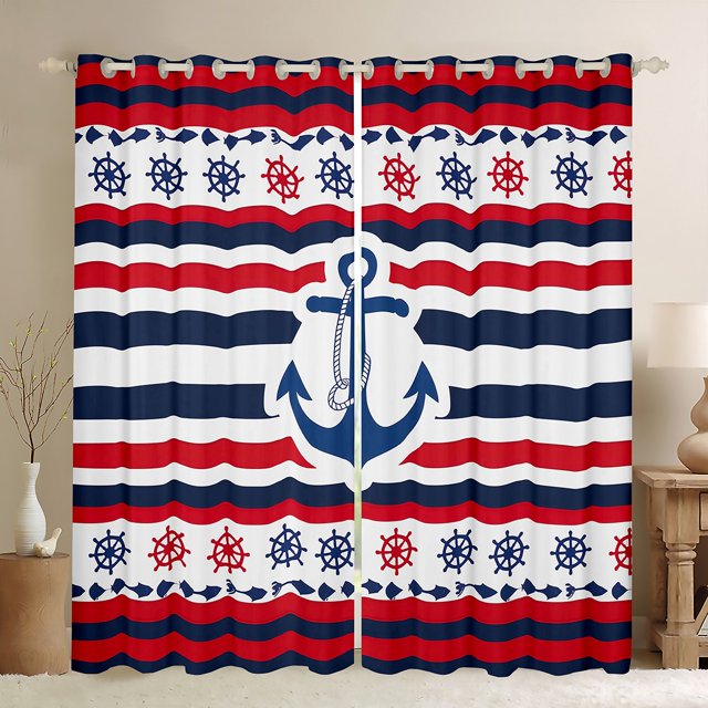 Erosebridal Rideaux Nautiques à Ancre, Lot de 2 (52x63), Rayures Colorées, Rideaux Occultants 30 %-50 %, Décor Thème Marin