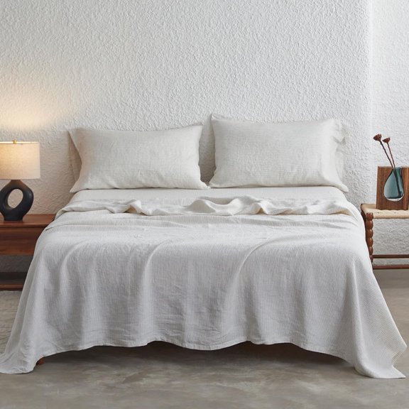 Simple&Opulence 100% Linen Sheets with Stripe King Size, 4 Pieces Breathable European Flax Pure Washed Bed Sheet Set with 14" Fitted Sheet, 1 Flat Sheet,2 Pillowcases(Vertical Stripes Beige)