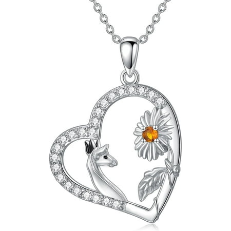 DVEATR Giraffe Birthstone Necklace for Women 925 Sterling Silver Heart Sunflower Giraffe Pendant Necklace Jewelry Gift for Women