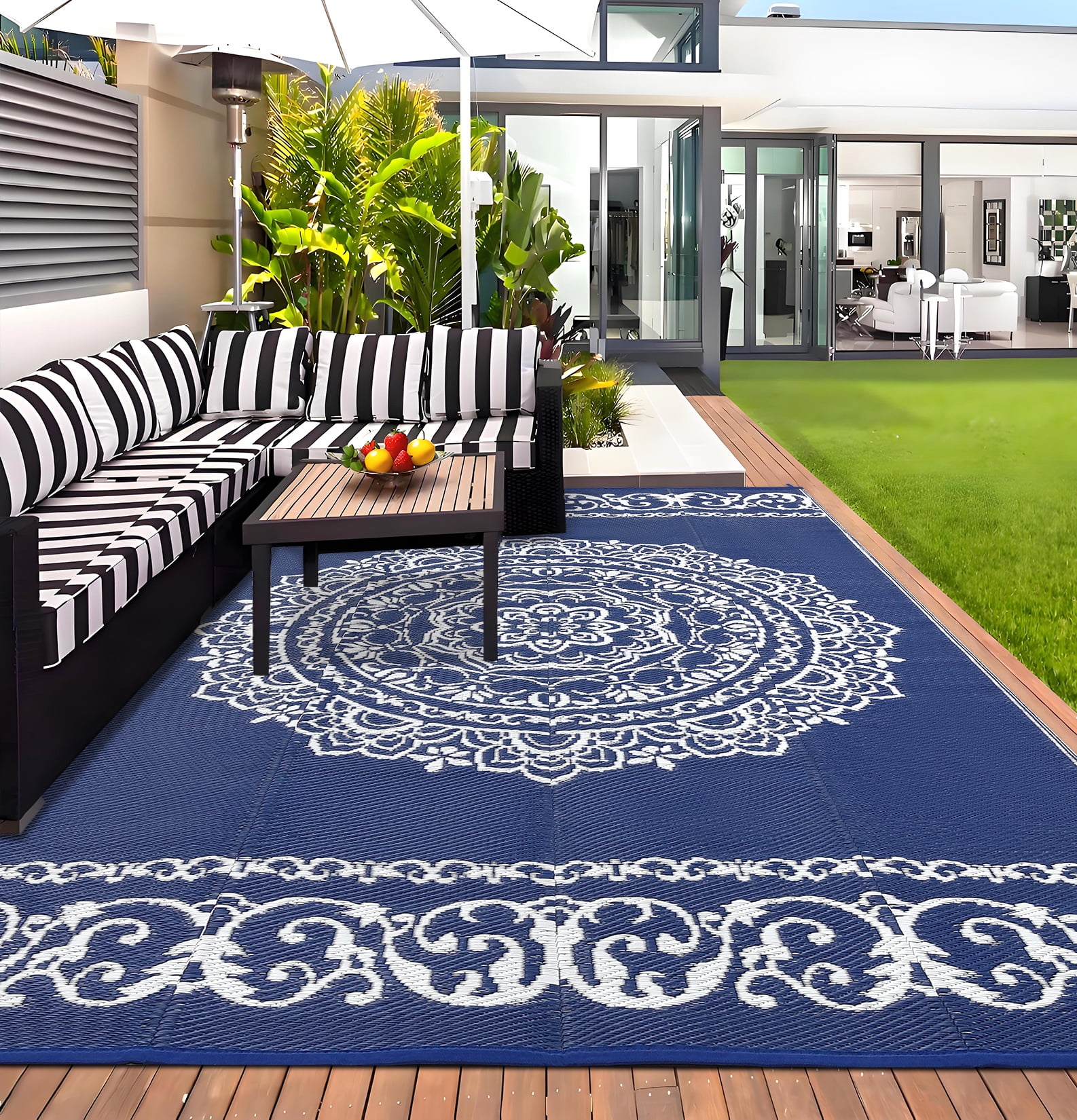 Gavee 9'x12' Boho Outdoor Rug, Waterproof Reversible Patio Area Rug Indoor Outdoor Carpet, Plastic Straw Rug RV Outdoor Mat for Camping Deck Balcony, Porch, Picnic, Dark Blue and White