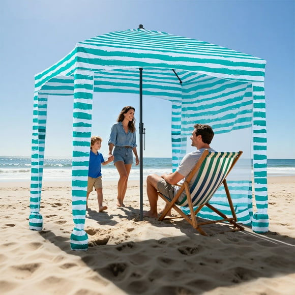 VEVOR Beach Cabana, 6 x 6 ft Beach Canopy with Side Wall, UPF 50+ Protection Easy Setup Cabana Tent with Sand Pockets, Portable Shade Sun Shelter Umbrella for Whole Family & Friends, Green Stripes