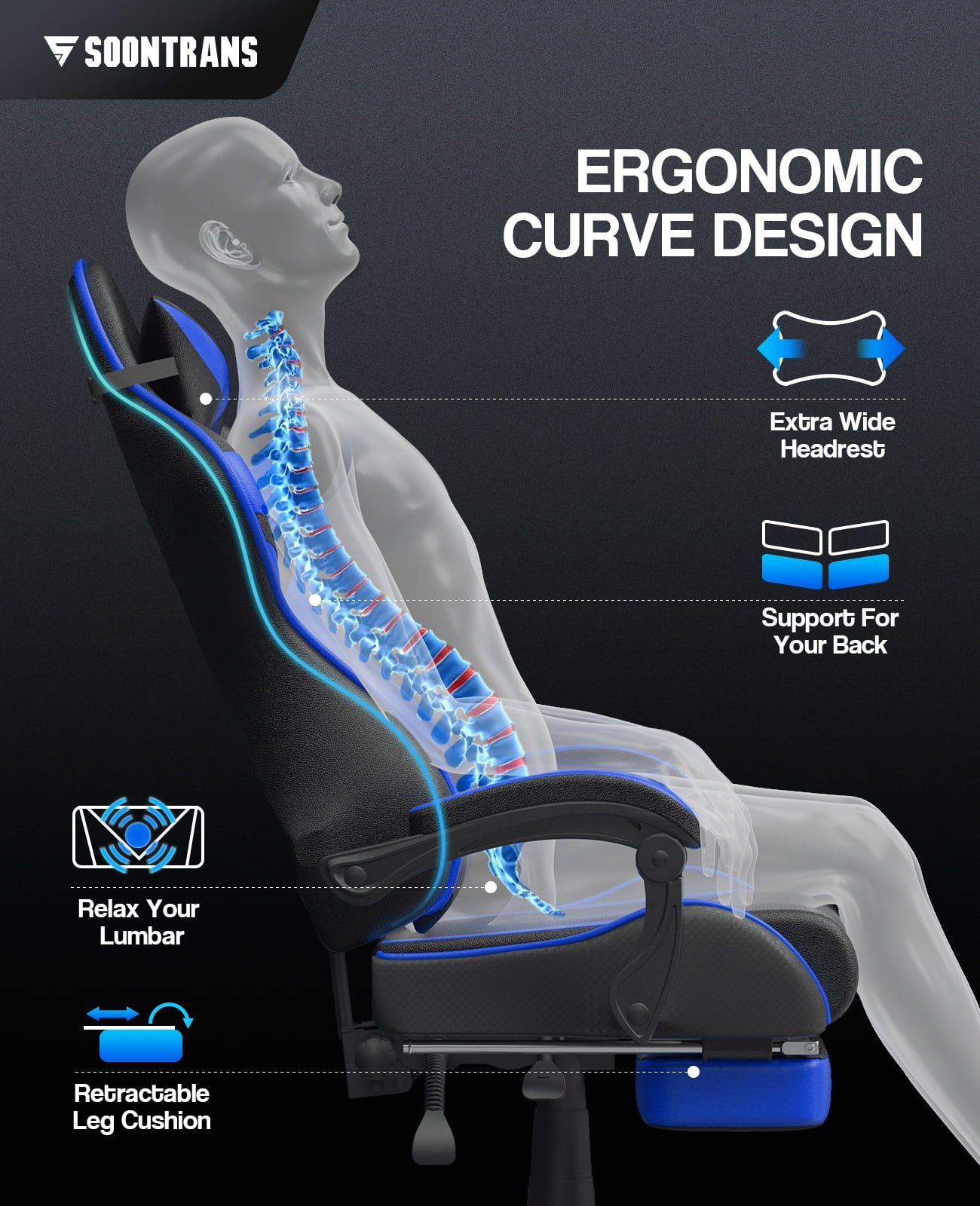SOONTRANS Gaming Chair with Massage, Blue photo 7