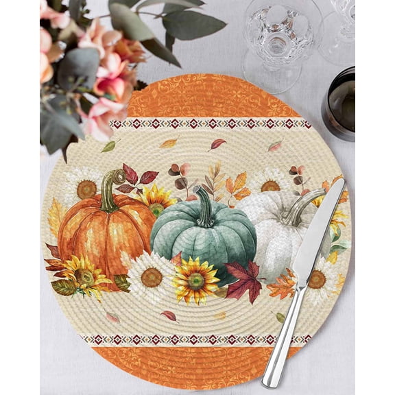 15 Inch Round Placemats Set of 4, Fall Pumpkins Non Slip Heat Insulation PP Table Mats, Boho South West Thanksgiving Sunflower Leaf Washable Place Mats for Kitchen Dining Party Table Decor