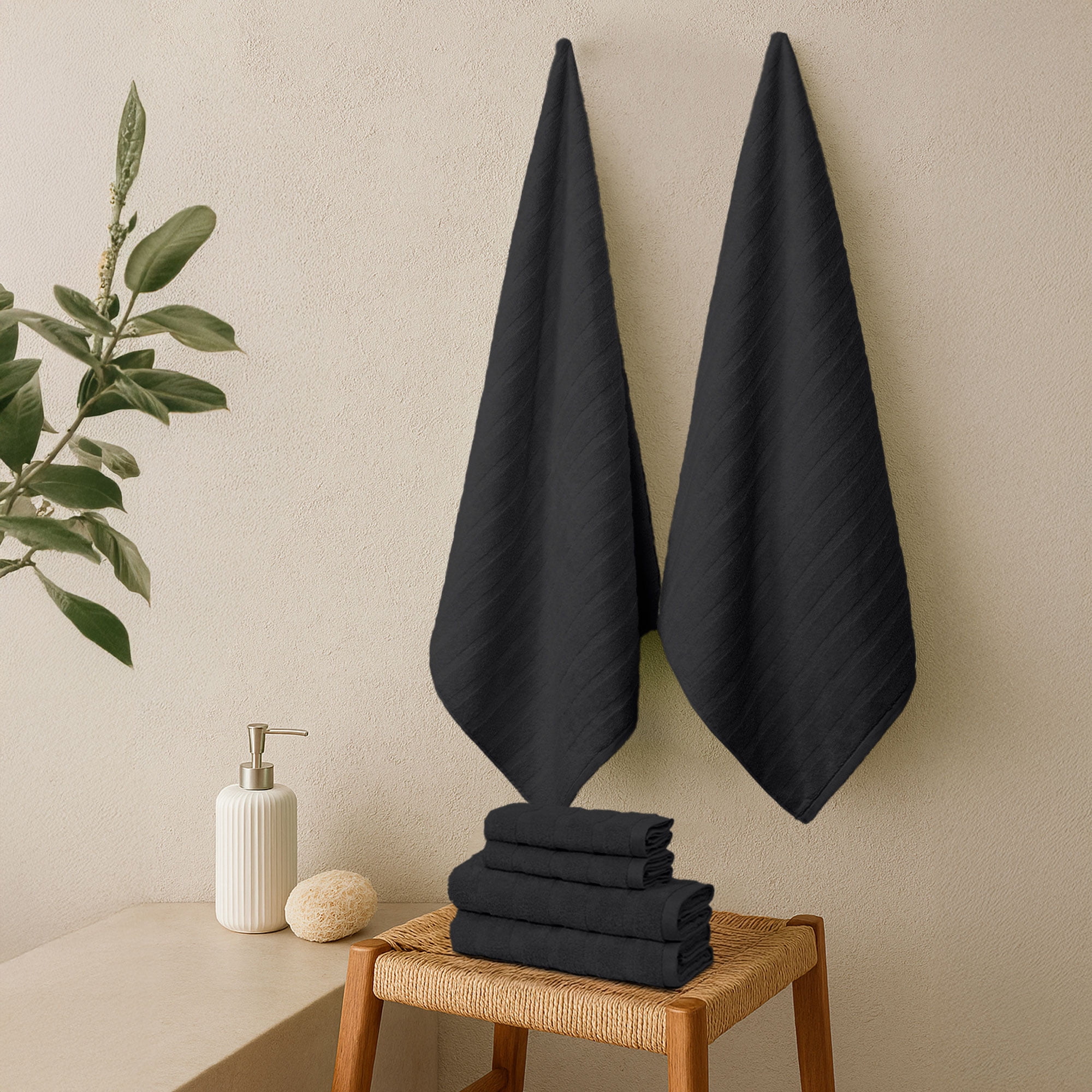 Everyday Home by Trident Quick Dry 6 Pc Bath Towel Set, 100% Cotton , lightweight,Soft, Absorbent, Bathroom Towels, 2 Bath 27"x54", 2 Hand 16"x28", 2 Washcloths 13"x13", Black
