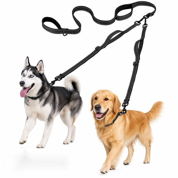 Double Dog Leash, Dual Dog Leash With Tangle-Free Swivel, Dog Training Leash, Reflective Adjustable Two Dog Walking Leash with Multiple Padded Handles, Tangle Free Split Lead for Medium Large Dogs