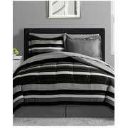 Black, Gray & White Teen Boys Reversible Stripe Queen Comforter Set (8 Piece Bed In A Bag)
