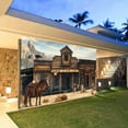 thumbnail image 4 of 8X6 ft Western Cowboy Bank Garage Door Background Vintage Wild West Wooden House Photography Pictures Backdrop Old Horse Barn Western Cowboy Theme Party Indoor Outdoor Decor Banner Cover, 4 of 5