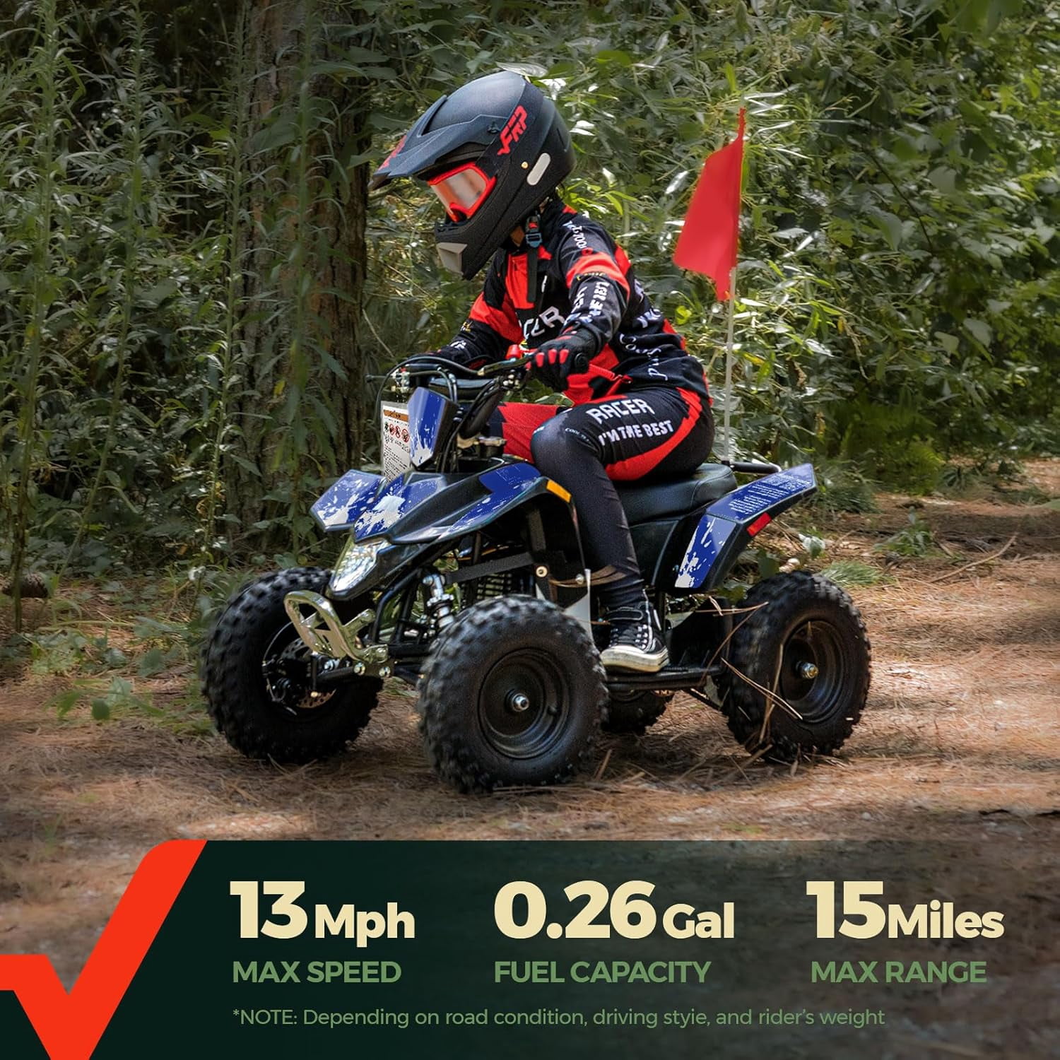 FRP 40cc Gas Powered Mini ATV, 4-Stroke Off-Road 4 Wheeler for Ages 13+, Up to 15 MPH, Adjustable Speed Control, Front & Rear Disc Brakes, Pull Start
