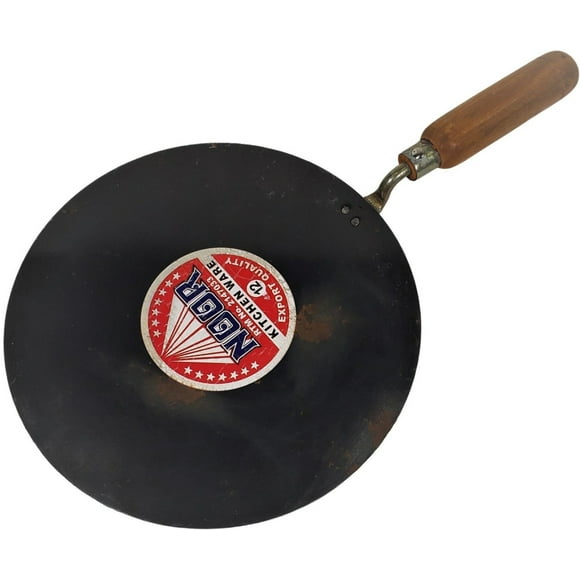 Noor - Iron Tava - Flat - w/Wooden Handle - Single Piece - Authentic Indian Tawa for Roti, Chapati, and More (1ct)