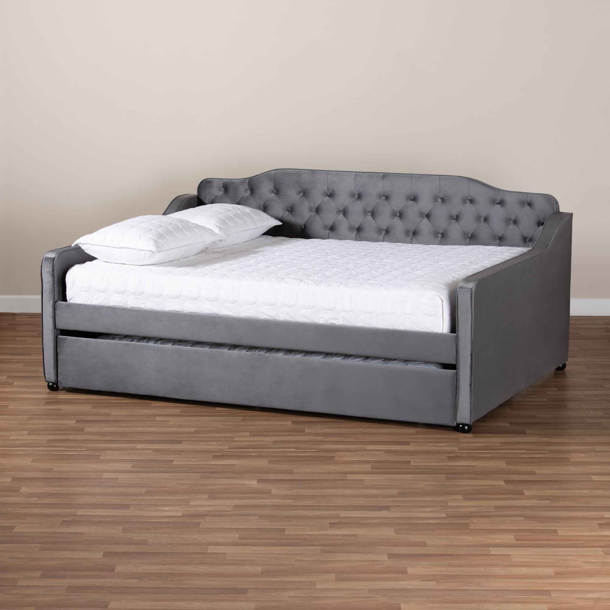 Baxton Studio Freda Transitional and Contemporary Grey Velvet Upholstered and Button Tufted Full Size Daybed with Trundle