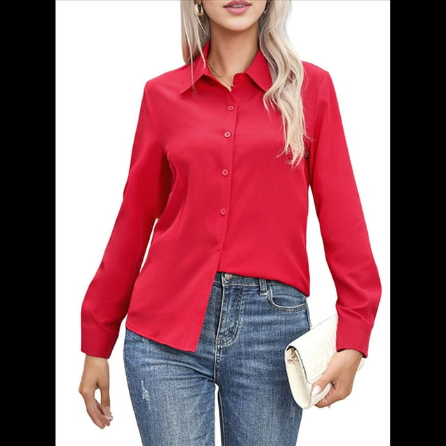 Camisas de Botones Súper Suaves y Antiarrugas para Mujer, de Larga, Lisas, A Rayas, para Vestir Formalmente en el Trabajo. Rojo S