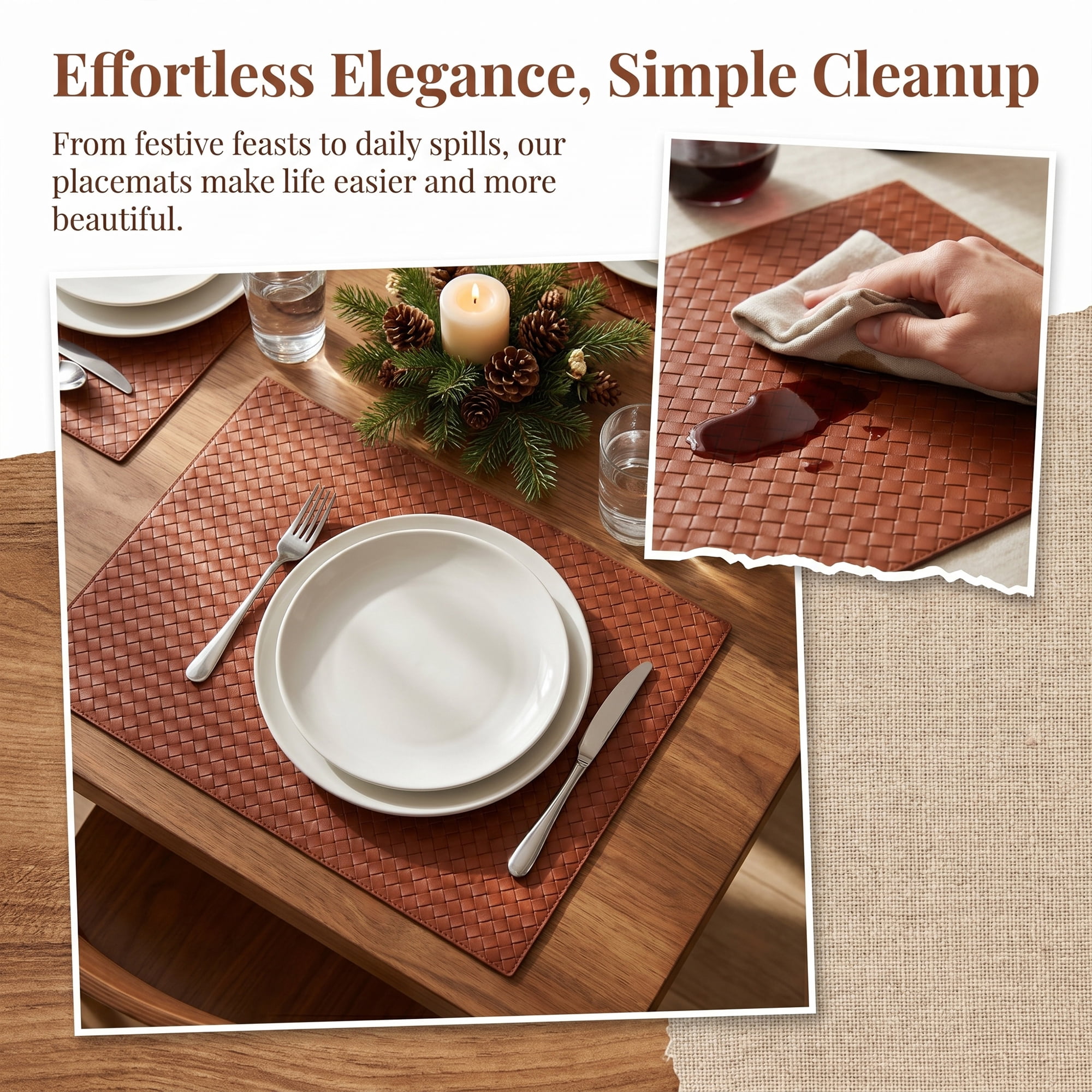 Unique Bargains Set of 6 Leather Placemats for Kitchen Brown 17*12in