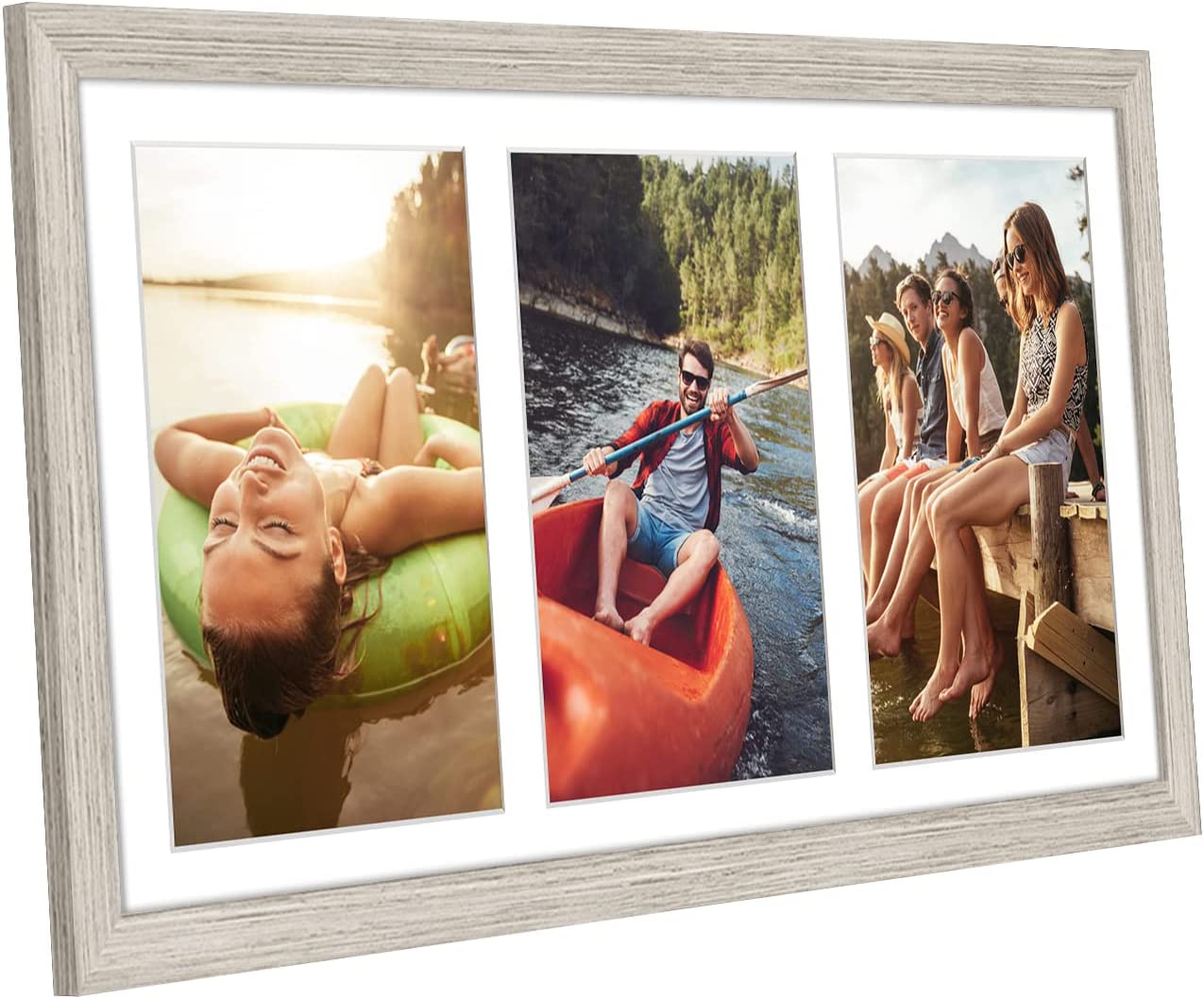 Americanflat 8x16 Collage Picture Frame with Three 5x7 Displays in Driftwood - Composite Wood with Shatter Resistant Glass - Horizontal and Vertical Formats for Wall